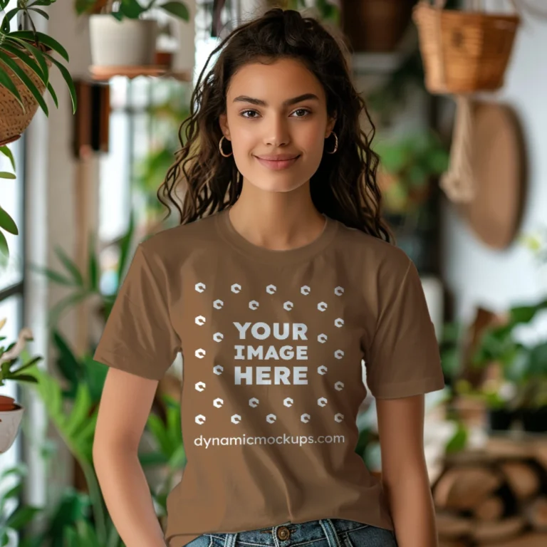 Woman Wearing Brown T-shirt Mockup Front View Template