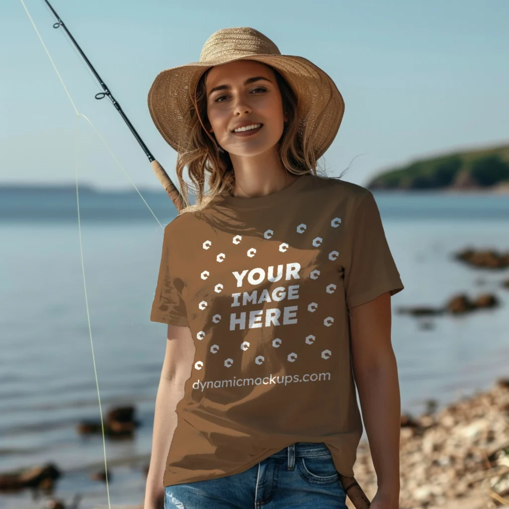 Woman Wearing Brown T-shirt Mockup Front View Template