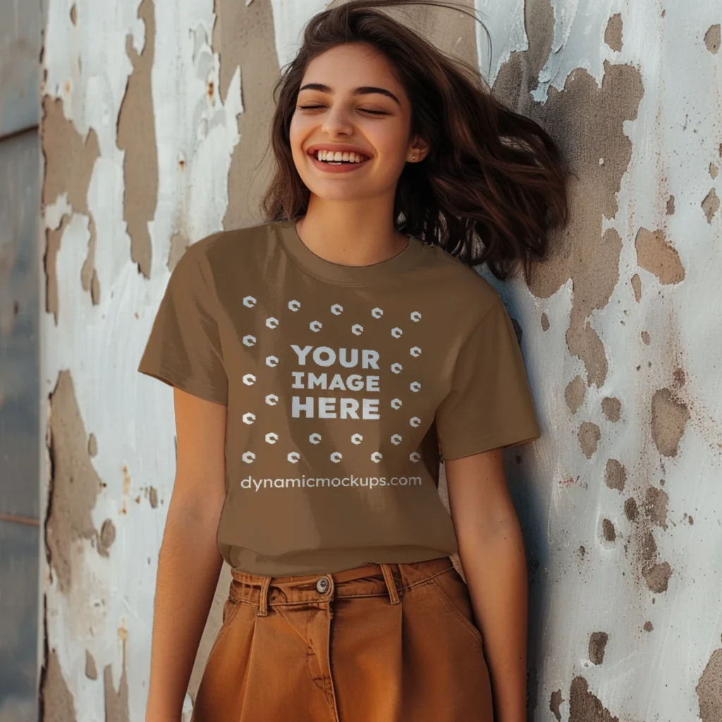 Woman Wearing Brown T-shirt Mockup Front View Template