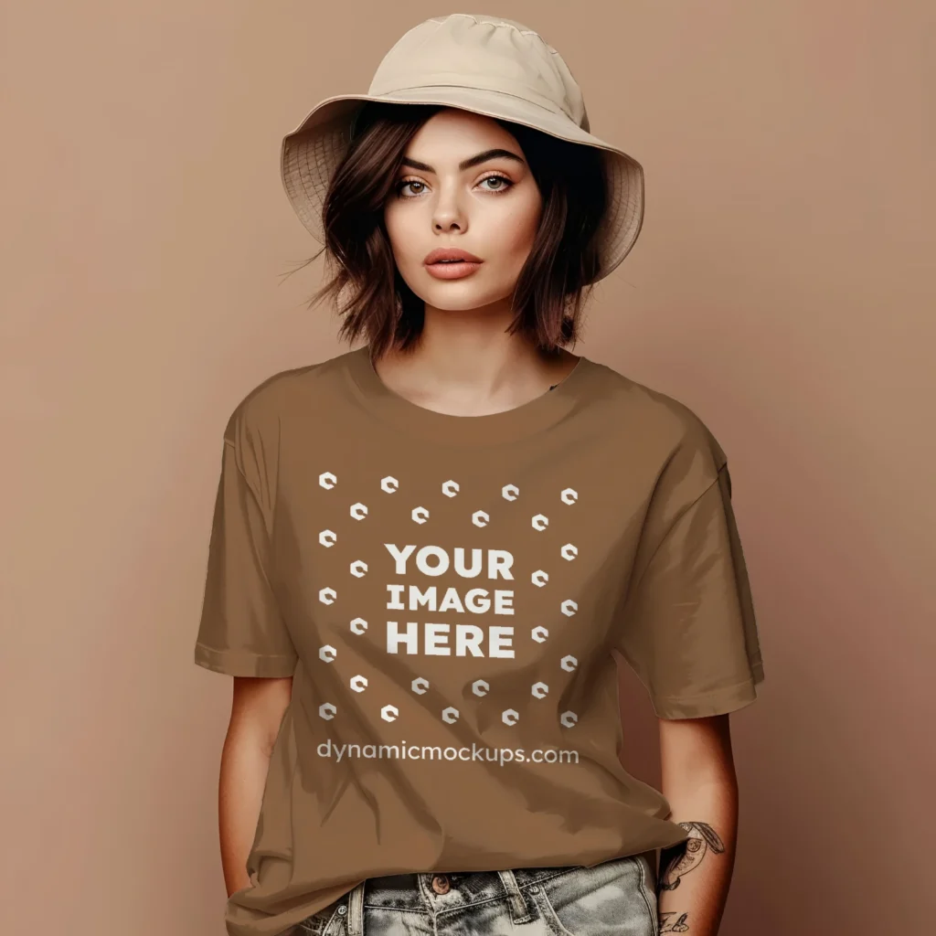 Woman Wearing Brown T-shirt Mockup Front View Template