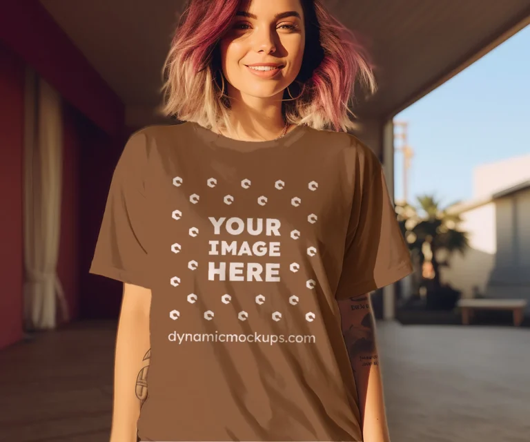 Woman Wearing Brown T-shirt Mockup Front View Template