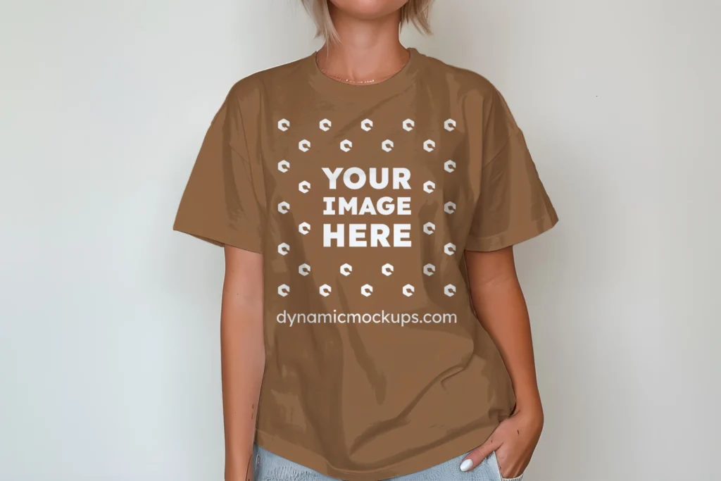 Woman Wearing Brown T-shirt Mockup Front View Template