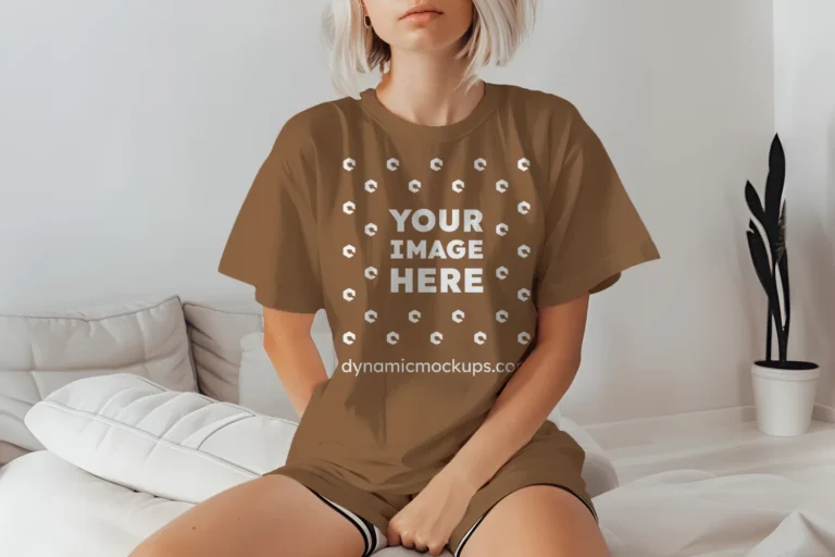 Woman Wearing Brown T-shirt Mockup Front View Template