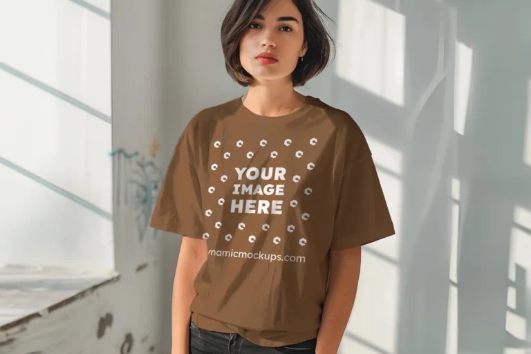 Woman Wearing Brown T-shirt Mockup Front View Template