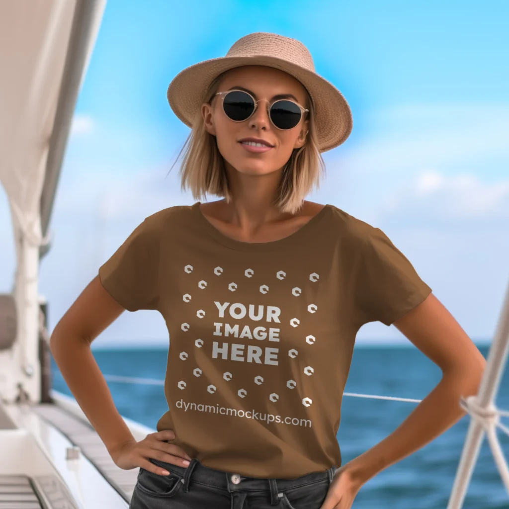 Woman Wearing Brown T-shirt Mockup Front View Template