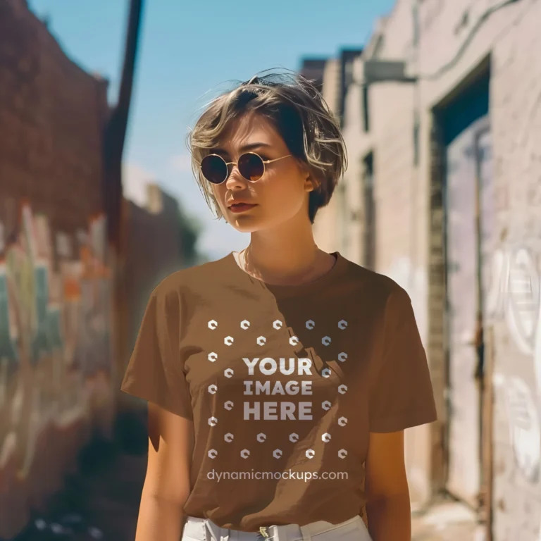 Woman Wearing Brown T-shirt Mockup Front View Template