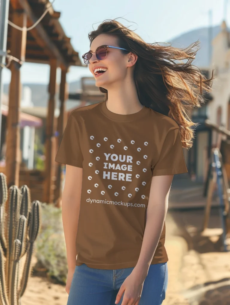 Woman Wearing Brown T-shirt Mockup Front View Template