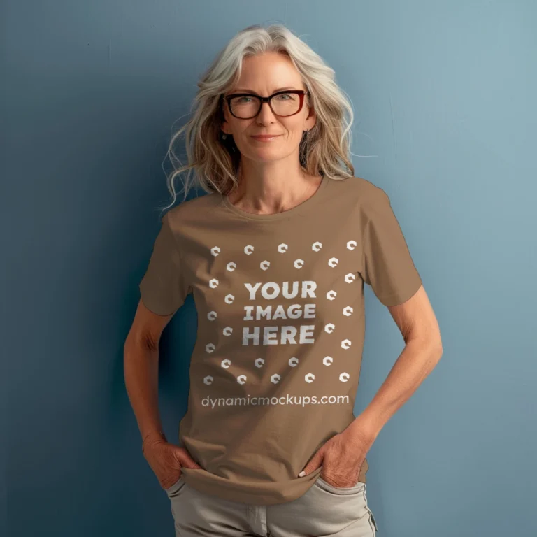 Woman Wearing Brown T-shirt Mockup Front View Template