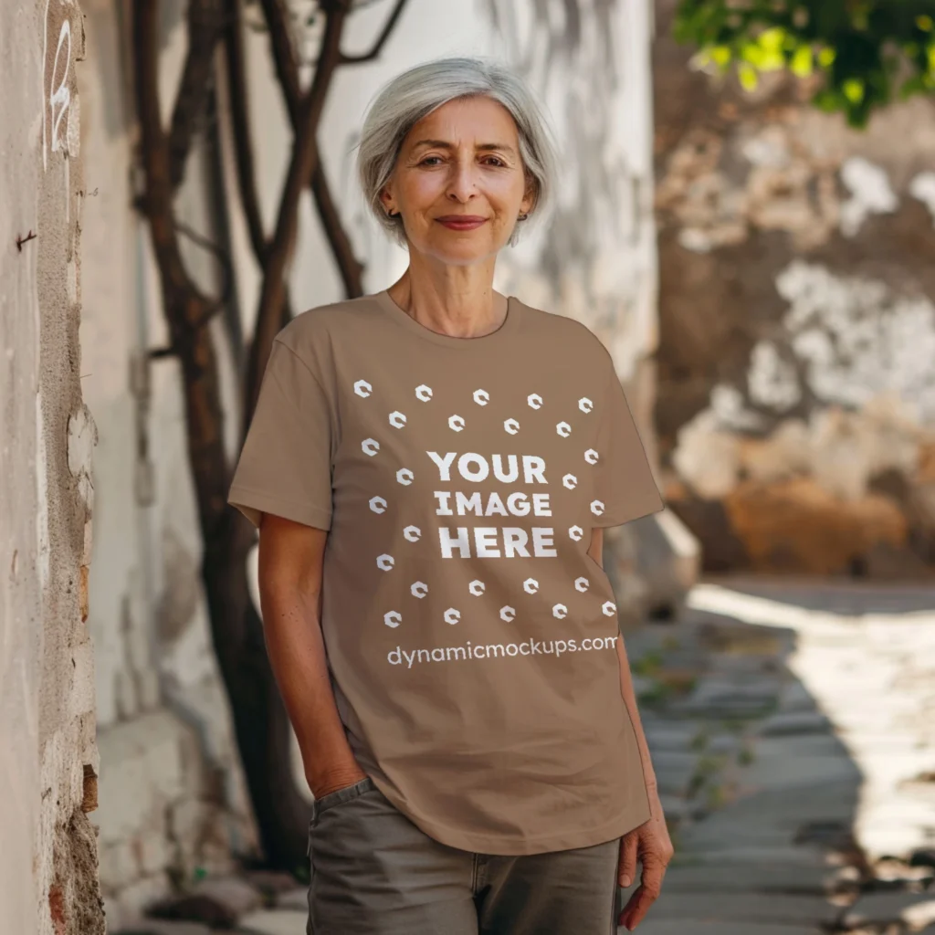 Woman Wearing Brown T-shirt Mockup Front View Template