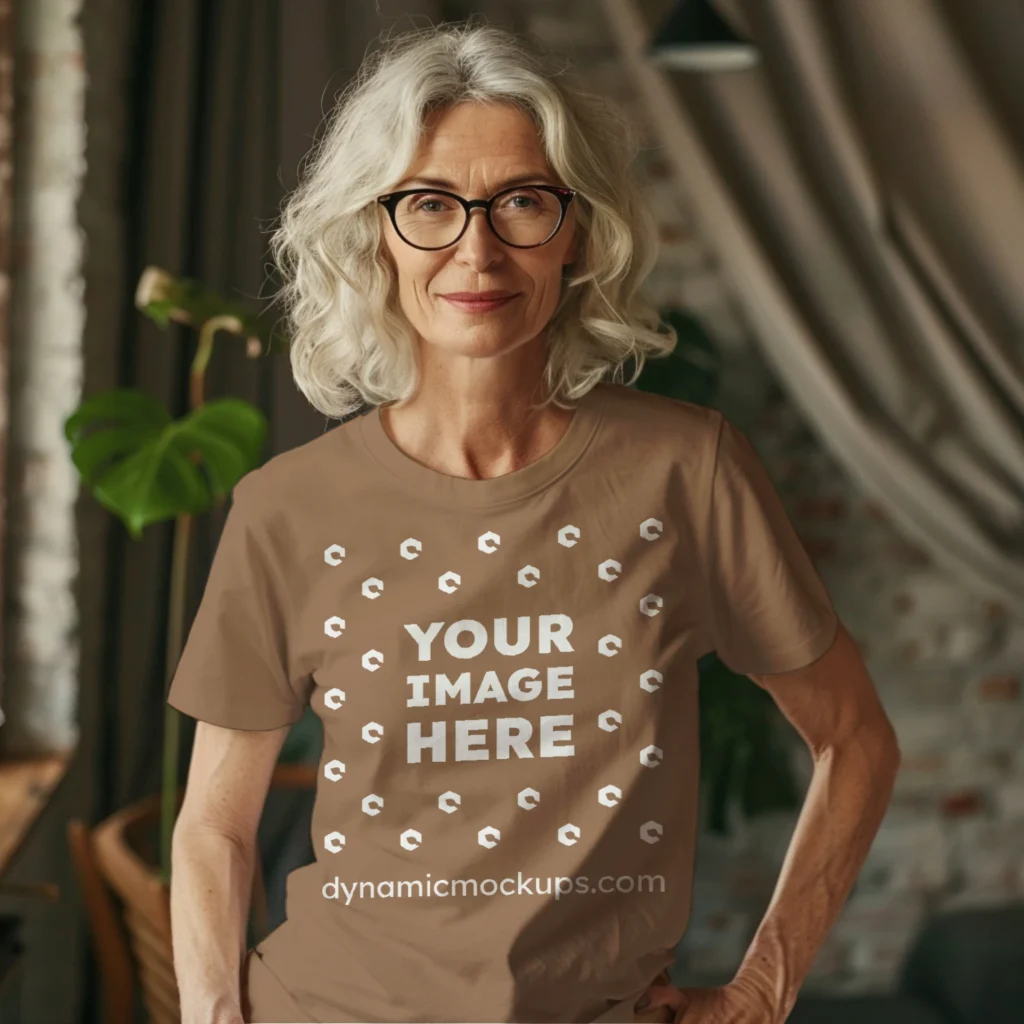 Woman Wearing Brown T-shirt Mockup Front View Template