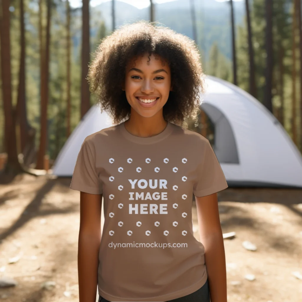 Woman Wearing Brown T-shirt Mockup Front View Template