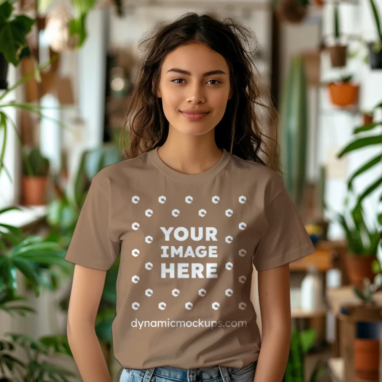 Woman Wearing Brown T-shirt Mockup Front View Template