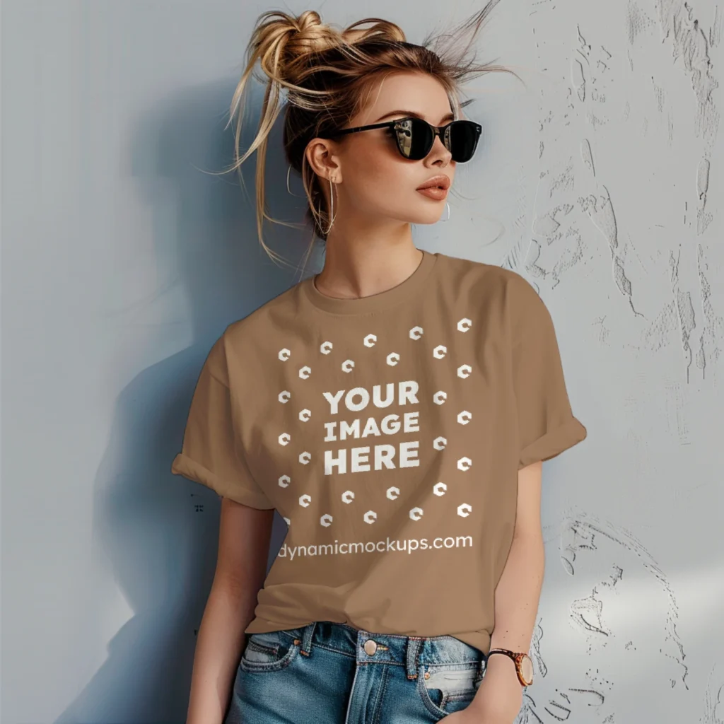 Woman Wearing Brown T-shirt Mockup Front View Template