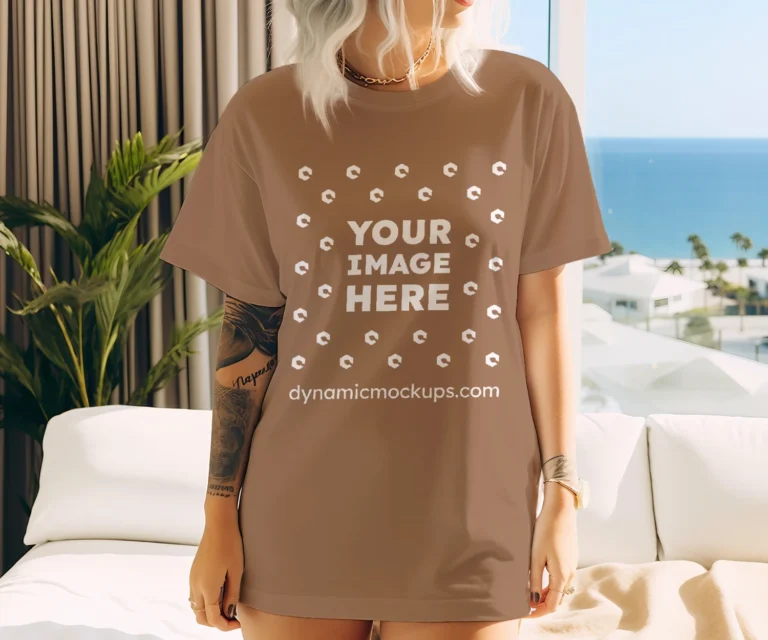 Woman Wearing Brown T-shirt Mockup Front View Template