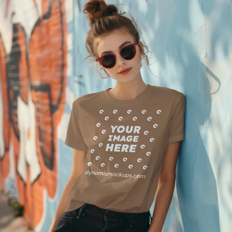 Woman Wearing Brown T-shirt Mockup Front View Template