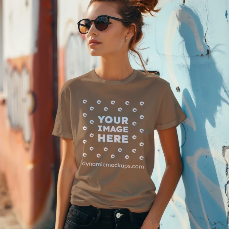 Woman Wearing Brown T-shirt Mockup Front View Template