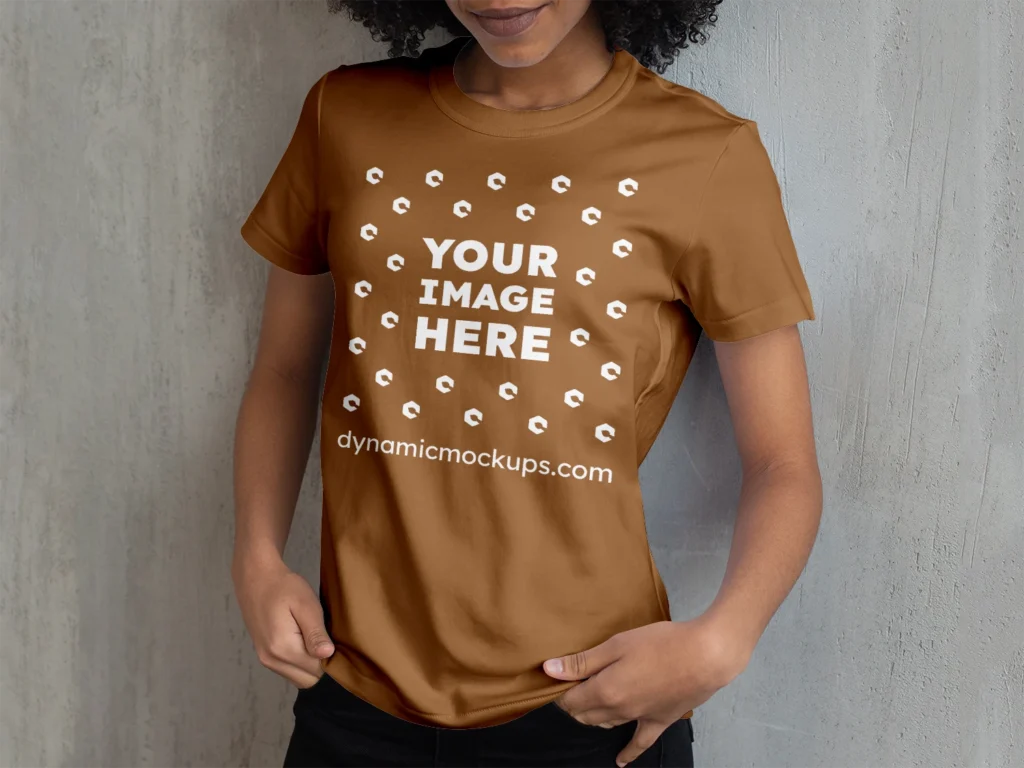 Woman Wearing Brown T-shirt Mockup Front View Template