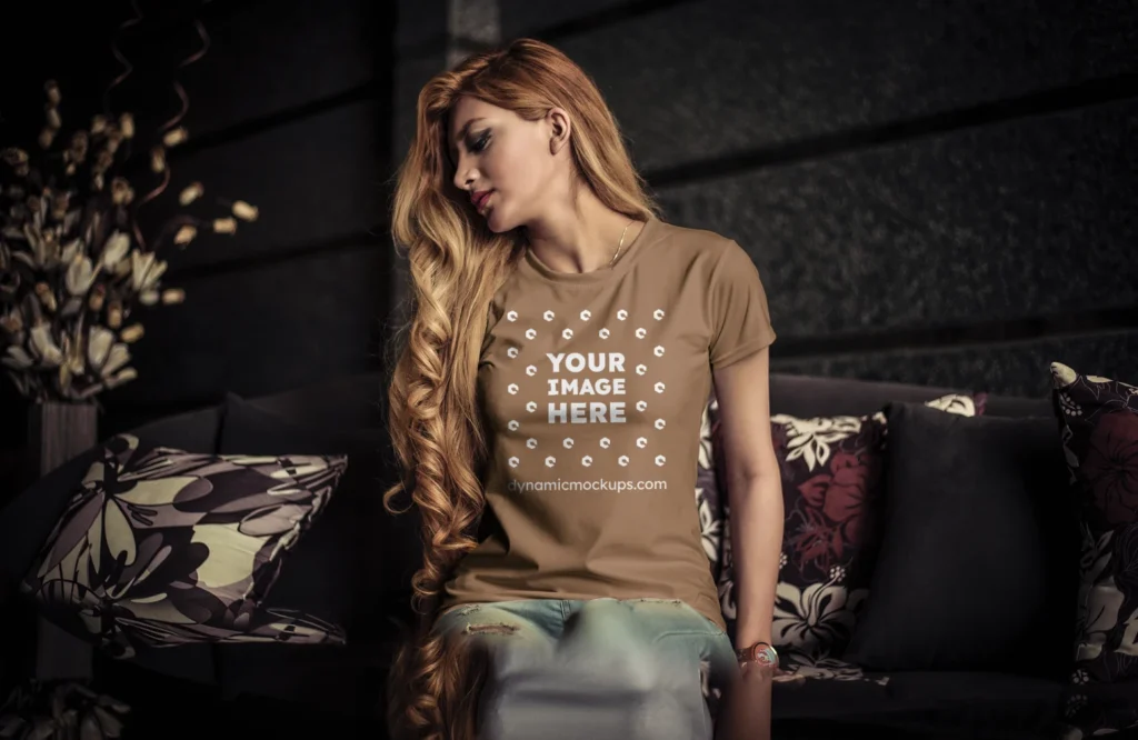 Woman Wearing Brown T-shirt Mockup Front View Template