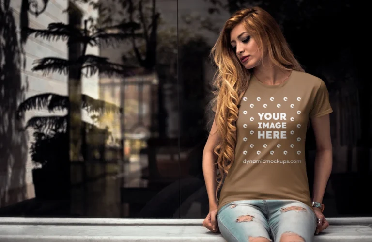 Woman Wearing Brown T-shirt Mockup Front View Template