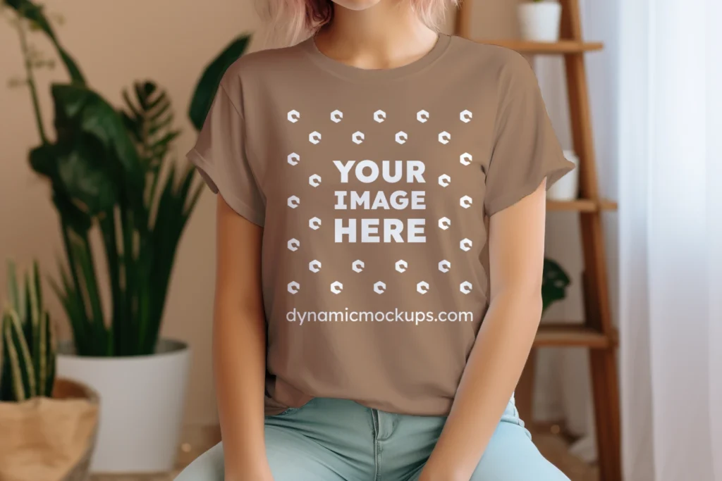 Woman Wearing Brown T-shirt Mockup Front View Template