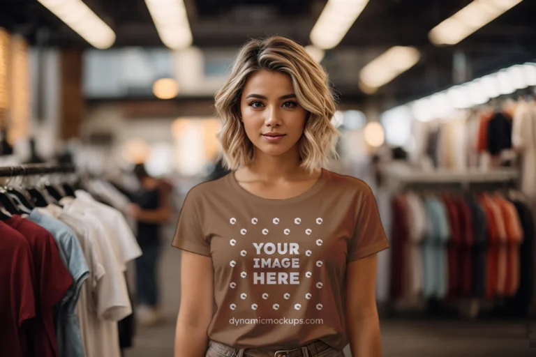 Woman Wearing Brown T-shirt Mockup Front View Template