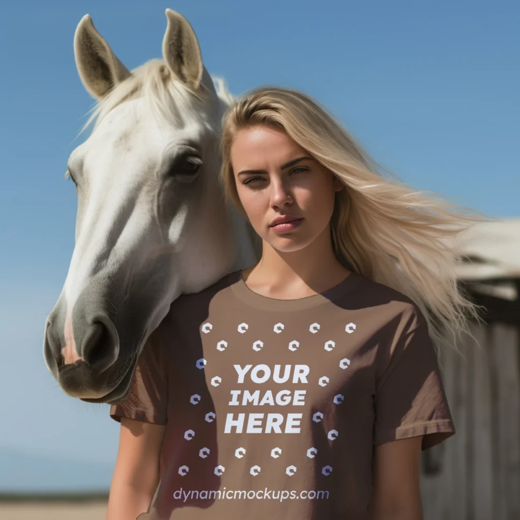 Woman Wearing Brown T-shirt Mockup Front View Template