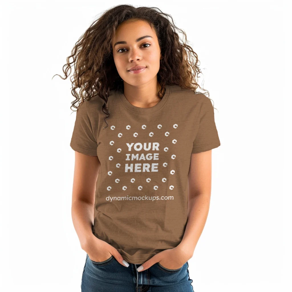 Woman Wearing Brown T-shirt Mockup Front View Template