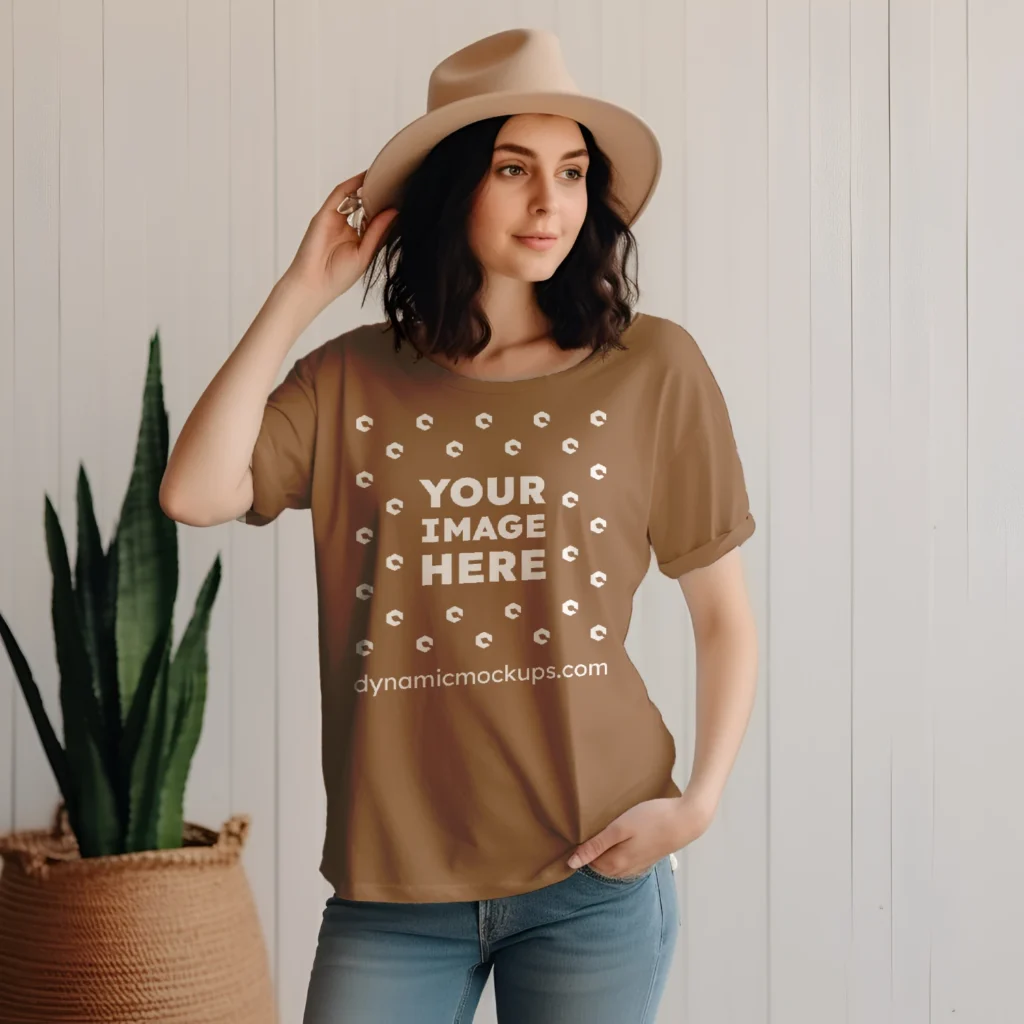 Woman Wearing Brown T-shirt Mockup Front View Template