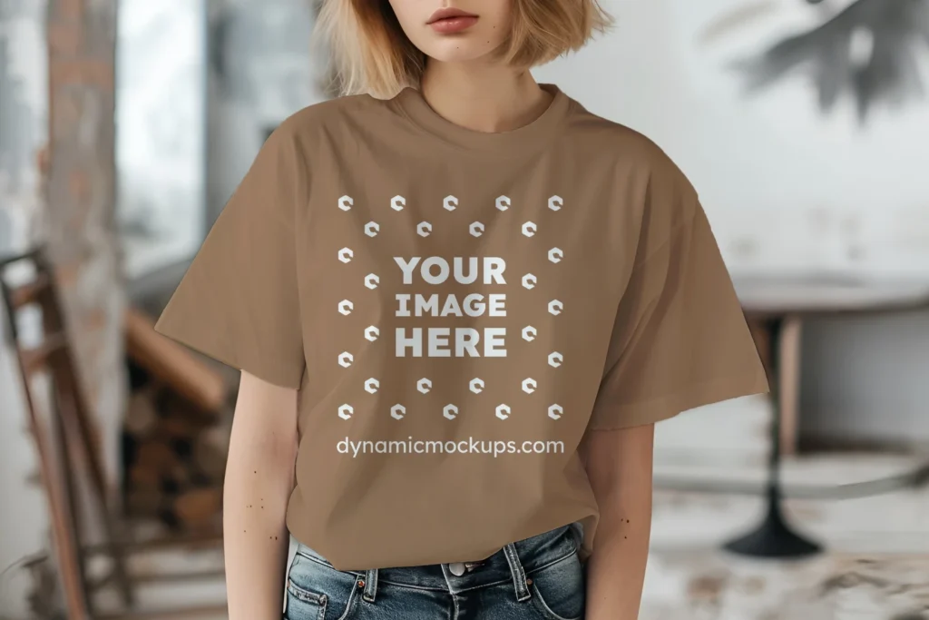 Woman Wearing Brown T-shirt Mockup Front View Template