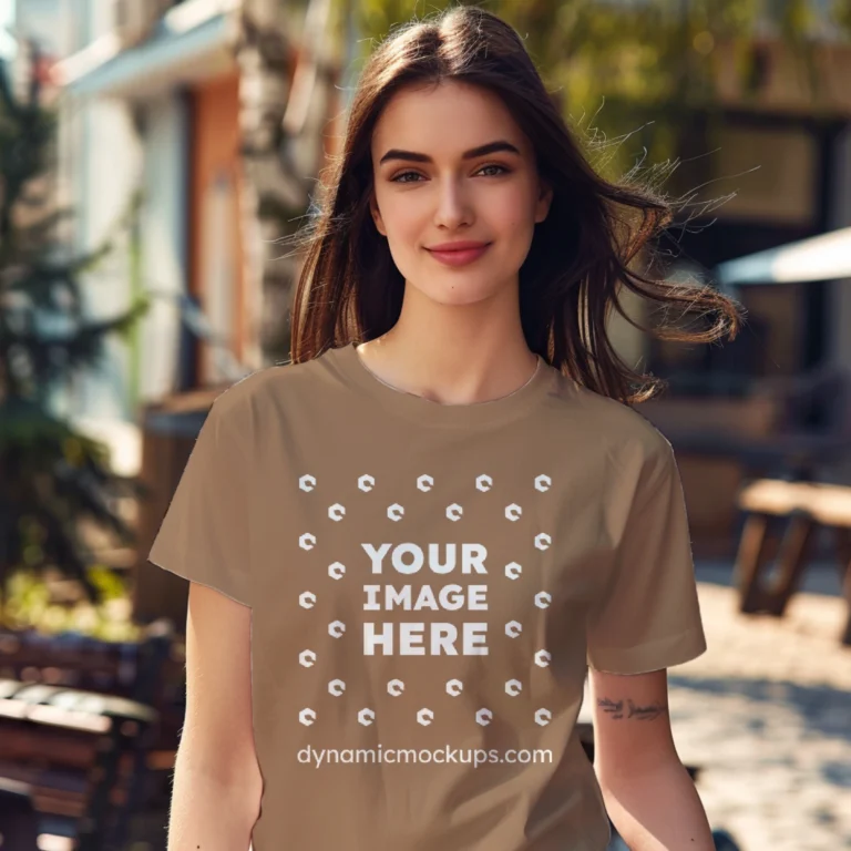 Woman Wearing Brown T-shirt Mockup Front View Template