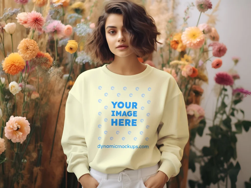 Woman Wearing Cream Sweatshirt Mockup Front View Template