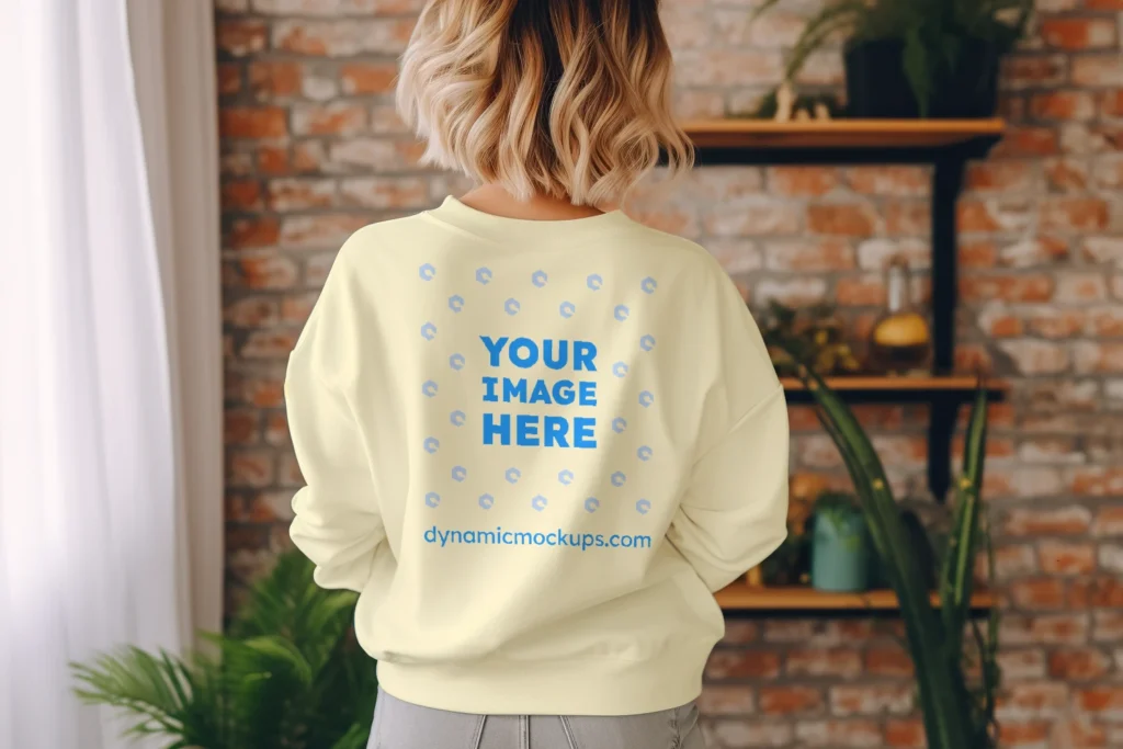 Woman Wearing Cream Sweatshirt Mockup Back View Template