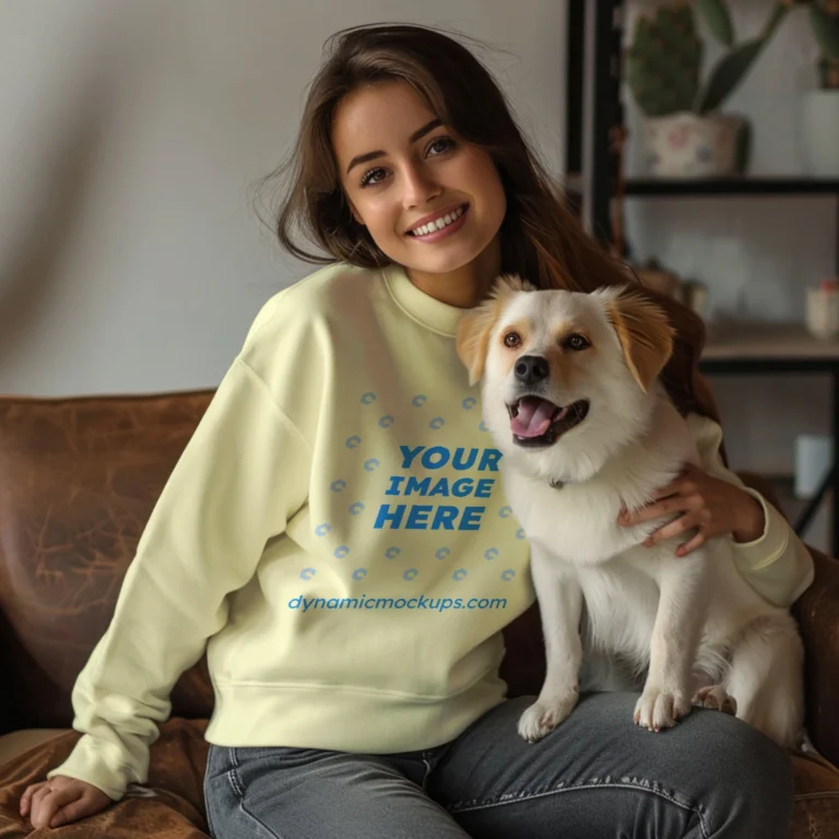 Woman Wearing Cream Sweatshirt Mockup Front View Template