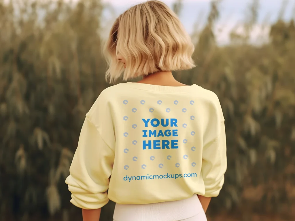 Woman Wearing Cream Sweatshirt Mockup Back View Template