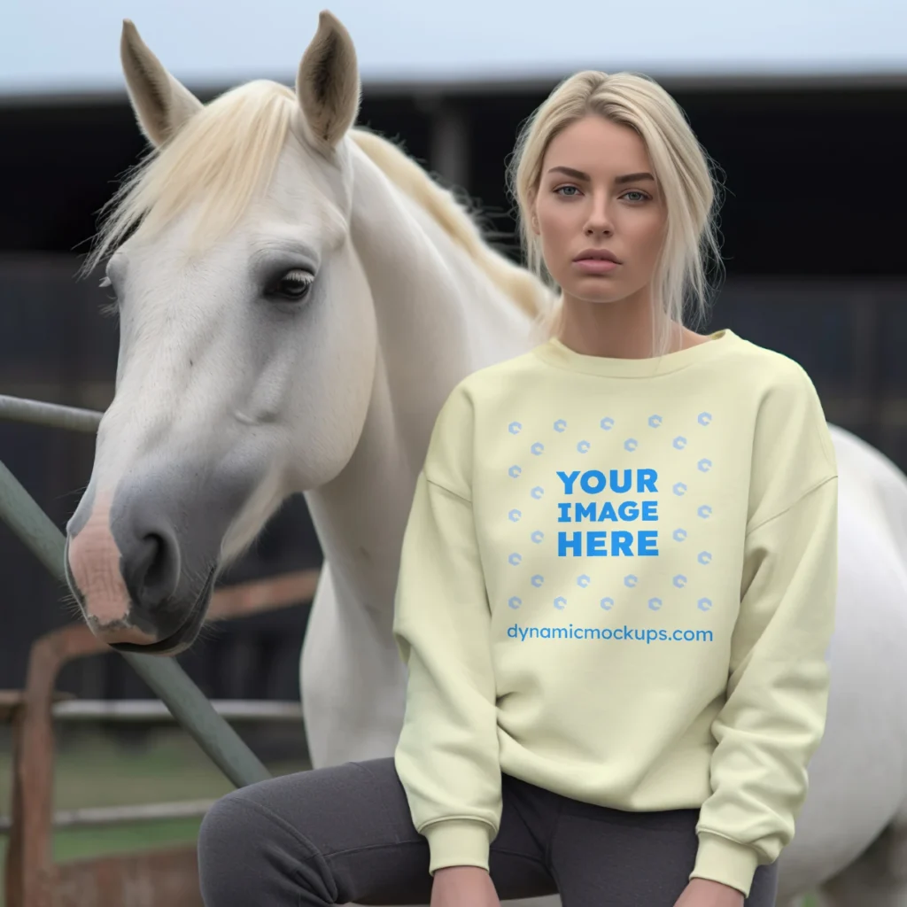 Woman Wearing Cream Sweatshirt Mockup Front View Template