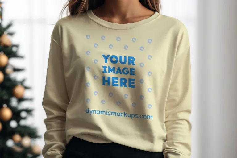 Woman Wearing Cream Sweatshirt Mockup Front View Template