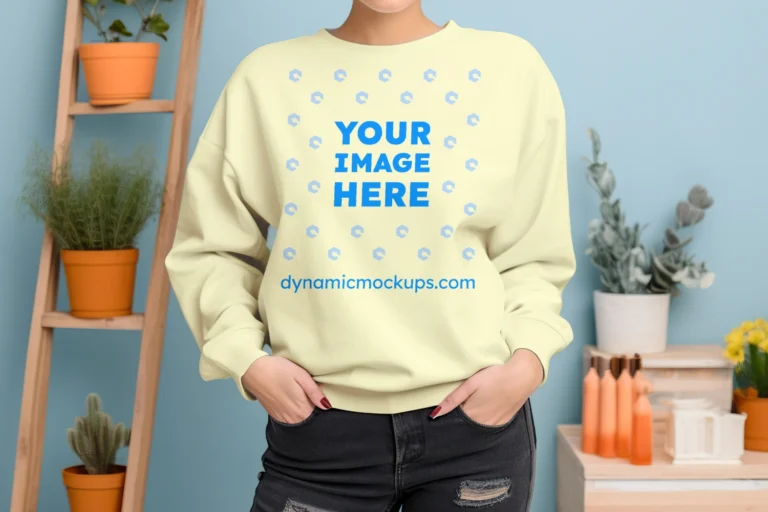 Woman Wearing Cream Sweatshirt Mockup Front View Template