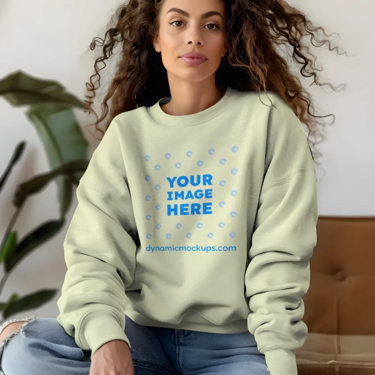 Woman Wearing Cream Sweatshirt Mockup Front View Template