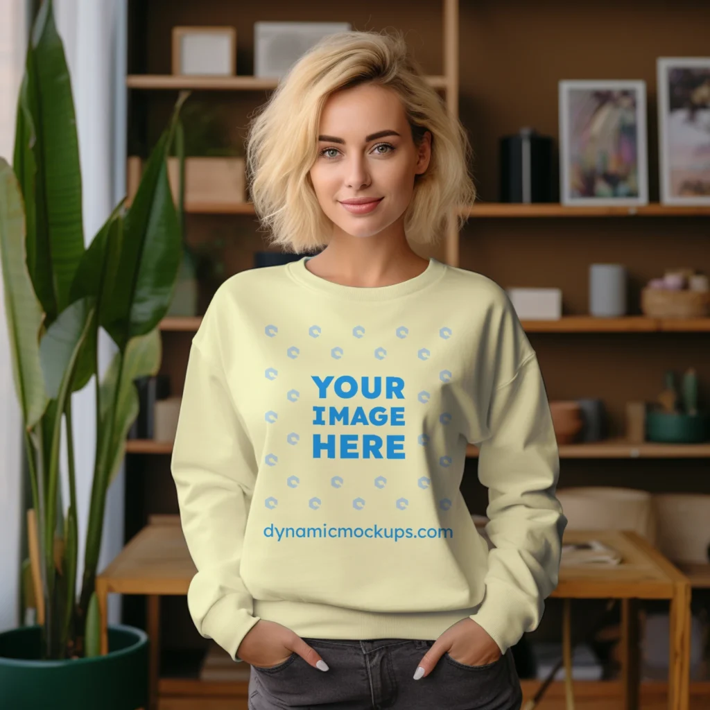 Woman Wearing Cream Sweatshirt Mockup Front View Template