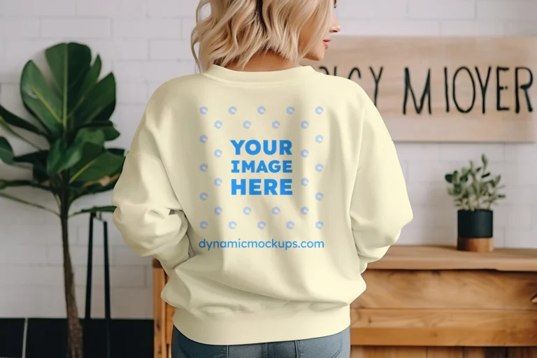 Woman Wearing Cream Sweatshirt Mockup Back View Template