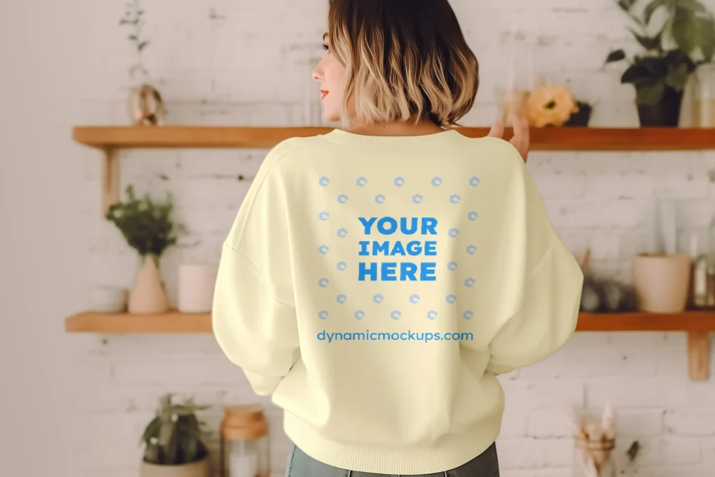 Woman Wearing Cream Sweatshirt Mockup Back View Template