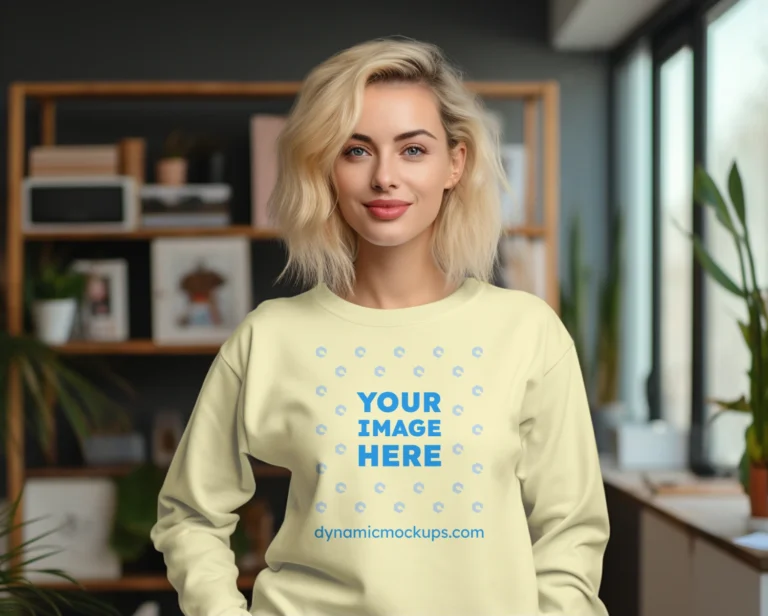 Woman Wearing Cream Sweatshirt Mockup Front View Template