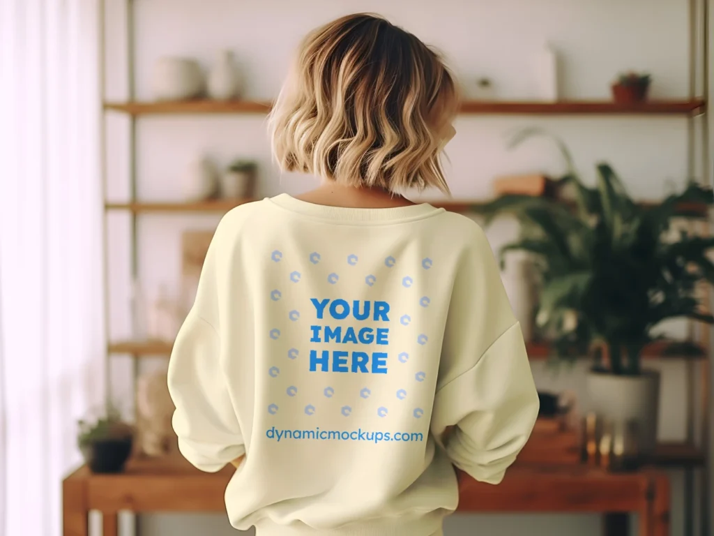 Woman Wearing Cream Sweatshirt Mockup Back View Template