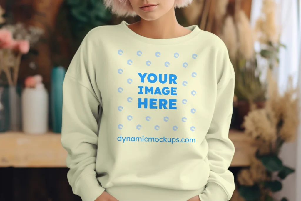 Woman Wearing Cream Sweatshirt Mockup Front View Template