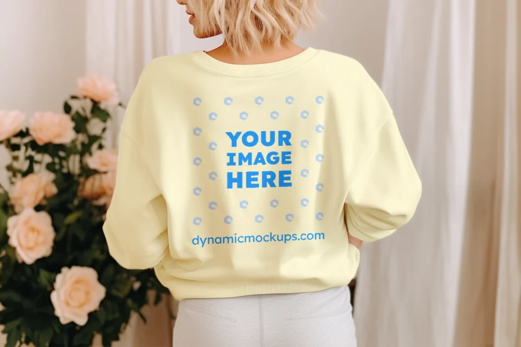 Woman Wearing Cream Sweatshirt Mockup Back View Template