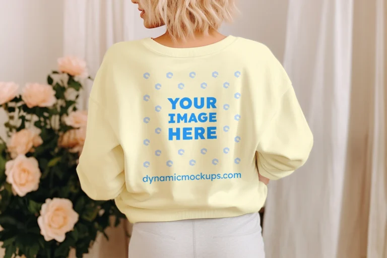 Woman Wearing Cream Sweatshirt Mockup Back View Template