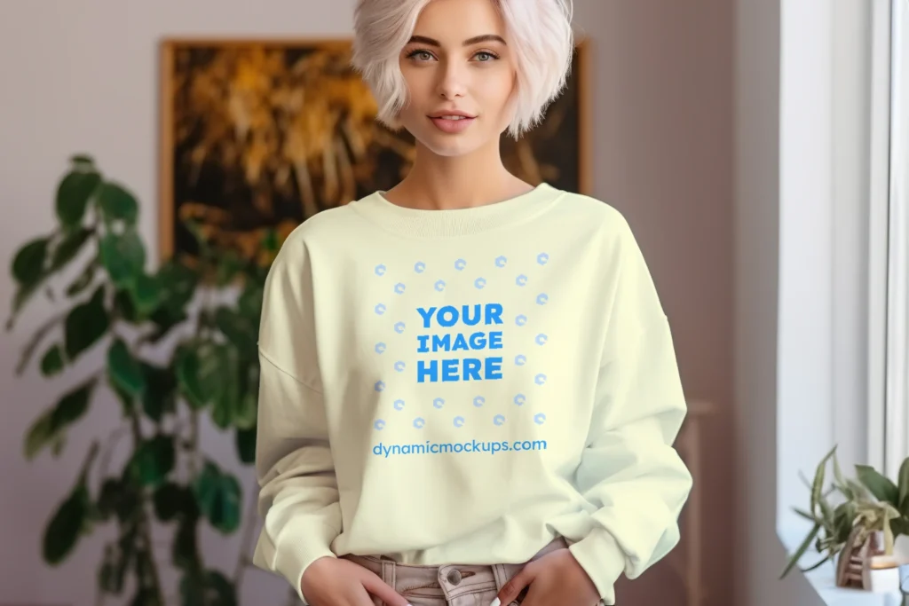 Woman Wearing Cream Sweatshirt Mockup Front View Template