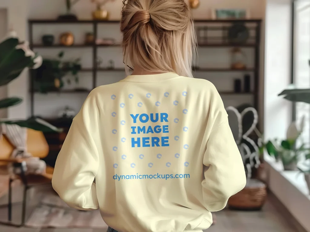 Woman Wearing Cream Sweatshirt Mockup Back View Template