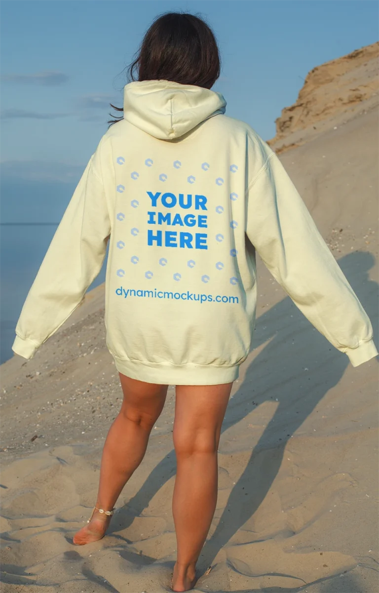 Woman Wearing Cream Hoodie Mockup Back View Template