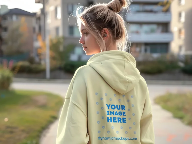 Woman Wearing Cream Hoodie Mockup Back View Template